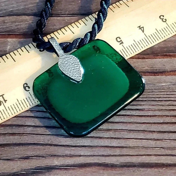 Artisan Green White Black Multi Fused Dichroic Glass Rectangle Pendant Necklace - Picture 6 of 6